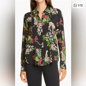 NWT L'AGENCE Black Multicolor Floral and Cheetah print Blouse